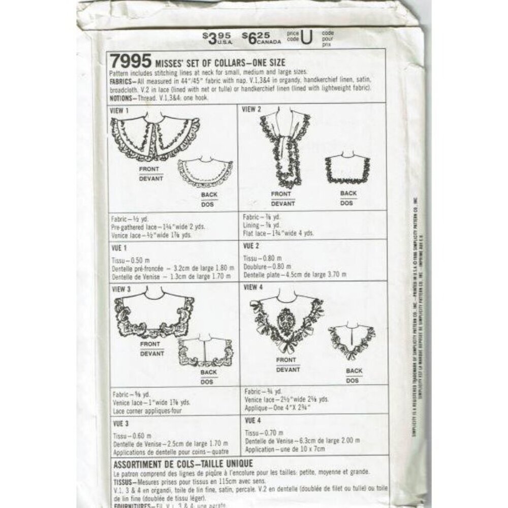 Simplicity Sewing Pattern 7995 Collars Lacework‎ Ro - Picture 2 of 2